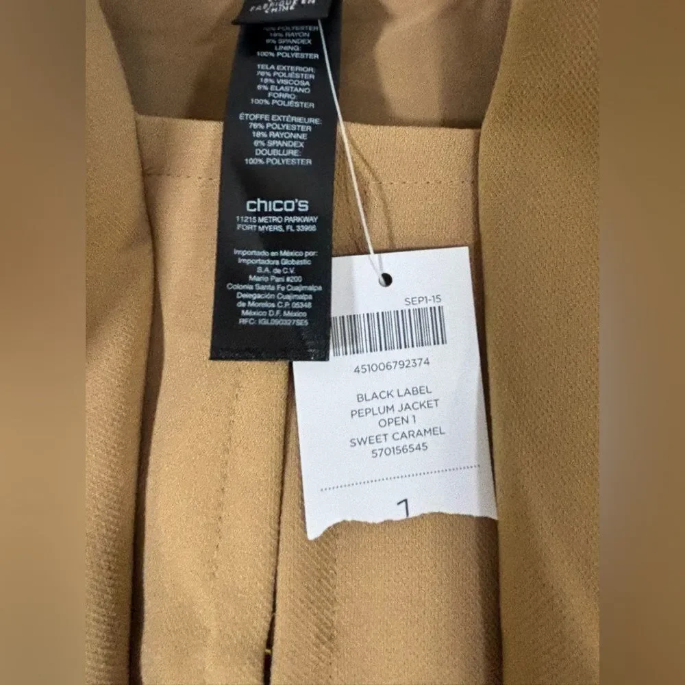 Chico’s 1 Black Label Sweet Caramel Preppy Academia Businesscore Peplum Blazer 8
